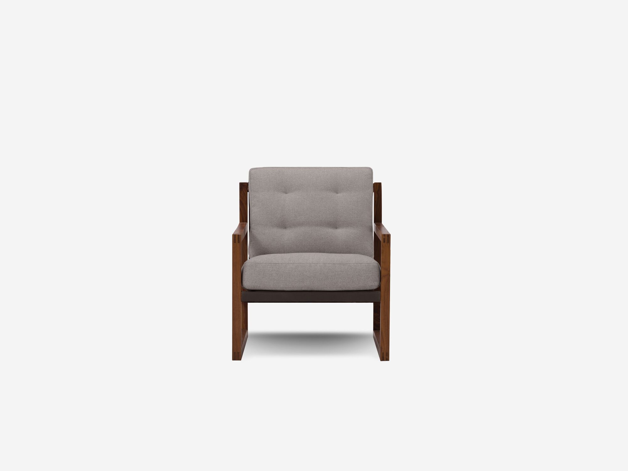 Front view of grey and walnut tufted lounge chair